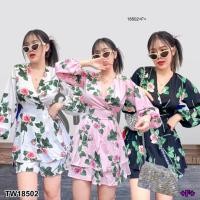 ราคา TW18502 Jumpsuit จั้มสูทกางเกง ลายดอกกุหลายบ สายผูกเอว (22845810954)