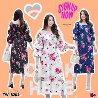 ราคา TW18204 เดรสคอเหลี่ยม ลายดอกกุหลาบ แขนชั้น (22808819867)