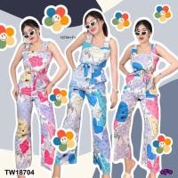 ราคา TW18704 Jumpsuit จั้มสูทสายเดี่ยว ขายาว พิมพ์ลาย ผูกเอว (22146589442)