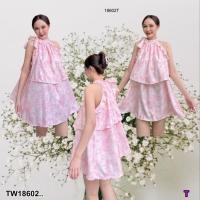 ราคา TW18602 เดรสสั้น แต่งระบายรอบแขน ผูกโบว์คอ แต่งระบาย 2 ชั้น (22039788105)