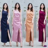 ราคา TW16495 เดรสยาว แขนกุด ไหล่เฉียง เว้าเอว ผ่าหน้า (20174457659)