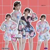 ราคา TW18591 Jumpsuit จั้มสูทแขนพองกางเกงกระโปรงลายใบไม้ (18978774189)