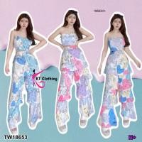 ราคา TW18653 Set 2 ชิ้น เสื้อเกาะอกผูกโบว์หลัง พิมพ์ลาย กางเกงขยาว ระบายชั้น พิมพ์ลาย (18492359557)