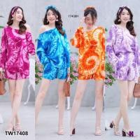 ราคา TW17408 set 3 ชิ้น เสื้อปาดไหล่แขนยาวลายมัดย้อม กางเกงขาสั้น โบว์ผูกผม (17840356425)