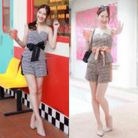 ราคา TW17554 Set 2 ชิ้น เสื้ออกหยักลายชิโนริ มีเชือกผูก กางเกงขาสั้นลายชิโนริ (17276503597)