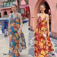 ราคา TW17436 เดรสยาวสายไขว้หลังลายดอกไม้ ผ่าแหวก (15777028852)