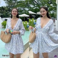 ราคา TW16171 เดรสสั้น ลูกไม้ กระโปรงจับจีบทวิส ซิปหลัง แขนยาวจับจีบ (15304214233)