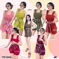ราคา TW18840 Set 2 ชิ้น เสื้อแขนกุด กางเกงขาสั้น โบว์ผูกเอว (15297995107)