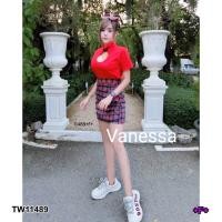 ราคา TW11489 Set เสื้อครอปคอจีนเจาะหยดน้ำ กระโปรงลายสก็อต (15030451875)