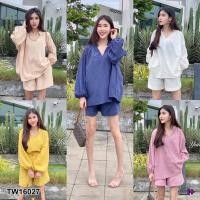 ราคา TW16027 Set เสื้อแขนพองคอจีน กางเกงขาสั้น (13716763580)