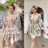 ราคา TW17119 เดรสแขนยาวเว้าเอวพิมลายกราฟฟิก (13649334225)