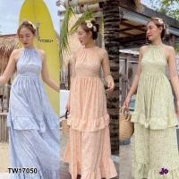 ราคา TW17050 แม็กซี่เดรสคอเต่าผูกโบว์หลังลายดอกไม้ (13534681492)