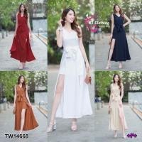 ราคา TW14668 จั๊มสูทสั้นแขนกุดแต่งผ้าผ่าด้านหน้า (12860699438)