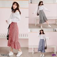 ราคา TW5115 Set เสื้อปาดไหล่แต่งระฆังลูกไม้ กระโปรงลายสก็อต (12669018899)