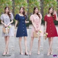 ราคา TW14291 Dress เดรสสั้น คอเหลี่ยม แขนตุ๊กตา กระดุมหน้าลายจุด (11412403105)