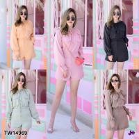 ราคา TW14969 Jumpsuit สาวอวบ จั๊มสูทขาสั้น คอผูกเชือก กระดุมหน้า แขนยาว (10527088149)