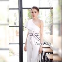 ราคา TW10473 จั้มสูทไหล่เดียวกุ้นขอบดำ สายผูกเอว (10074756521)