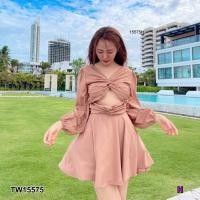 ราคา TW15575 เดรสสั้นแขนยาว หน้าอกไขว้กัน (9987341504)