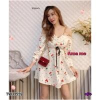 ราคา TW11559 Dress เดรสปาดไหล่สายเดี่ยวคู่ งานผ้าหางกระรอกพิมพ์ลายเชอร์รี่ (9860284744)
