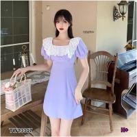 ราคา TW13307 เดรสแขนตุ๊กตาคอเหลี่ยมแต่งลูกไม้ (9739342268)