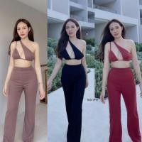 ราคา TW15317 Set 2 ชิ้น เสื้อคาดไหล่เว้าอก ผูกเชือกหลัง กางเกงขายาว (9682053962)