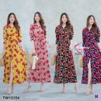 ราคา TW15354 แม็กซี่เดรสแขนยาวกระดุมหน้าล่ายดอก (9658913304)