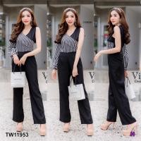 ราคา TW11953 จั๊มสูทขายาว เสื้อเฉียงไหล่ลายริ้ว TW11953 Long sleeve jumpsuit slanted shoulder stripe shirt (8581983015)