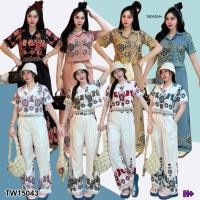 ราคา TW15043 Set 2 ชิ้น เสื้อเชิ้ตครอปแขนสั้น ลายดอกไม้ กางเกงขายาว (8389754762)