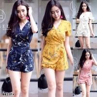 ราคา TW4431 จั้มสูทขาสั้นผ้าหนังกบพิมพ์ลายดอกไม้ (7734775484)