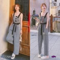 ราคา TW13047 จั้มสูทลายสก็อต สายปรับได้ สายผูกเอว (7443298277)