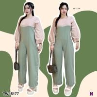 ราคา TW15177 Jumpsuit จั้มสูทขายาวแขนพองสีทูโทน (6779357789)