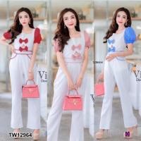ราคา TW12964 จั๊มสูทขายาว แขนพองสม็อค เว้าอกแต่งโบว์ (6761141946)