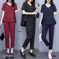 ราคา TW10789 Set 2 ชิ้น เสื้อริ้วหนเาสั้น หลังยาว กางเกงขายาวลายริ้ว (6437906859)