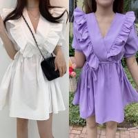 ราคา TW12476 เดรสสั้นคอวีไขว้ระบาย เอวผูกโฐว์สองข้าง (6250670573)