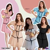 ราคา TW13080 เดรสชีฟองคาดริบบิ้นแขนสั้น (6144656445)