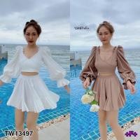 ราคา TW13497 Set เสื้อครอปแขนยาวผูกหลัง กระโปรงสั้น (5963366086)