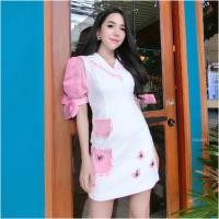 ราคา TW13430 เดรสคอปก แขนพองผ้าแก้วซีทรู สีทูโทน ติดคัวแต่งผีเสื้อ (5048348864)