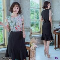 ราคา TW2680 เดรสลายดอกไม้สีสดใส ตัดต่อช่วงกระโปรงด้วยผ้าบลูเวฟทรงระบาย (4940051437)