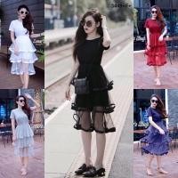 ราคา TW3449 เดรส5ส่วนต่อระบายผ้าตะข่ายซีทรูกุ้นขอบริบบิ้น 3 ชั้น (4842979040)