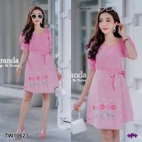 ราคา TW10623 เดรสแขนตุ๊กตาลายสก๊อตกระโปรงป้ายหน้า (4652773397)