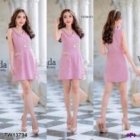 ราคา TW13794 เดรสคอวีปกข้างเดียวแขนกุด (4461651022)