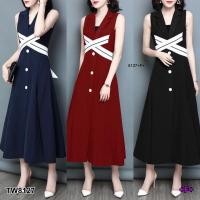 ราคา TW8127 เดรสยาวแขนกุด ติดกระดุมหน้าเย็บแต่งสายกากบาท (3639779693)