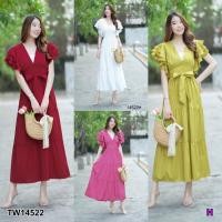 ราคา TW14522 เดรสยาวคอวีแขนระบาย (3480327755)