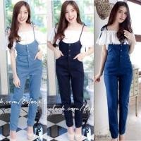 ราคา TW1897 Set 2 ชิ้น ชุดเอี๊ยม ผ้าสียีนส์เทียมขายาว พร้อม เสื้อเปิดไหล่สีขาว (3437041651)