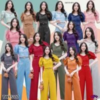 ราคา TW15117 Set 2 ชิ้น เสื้อแขนพอง อกจับจีบผูกโบว์ กางเกงขายาว (2982897810)