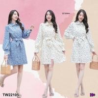 ราคา TW22105 เดรสปกเชิ้ตแต่งแทปแขนยาว ลายดอกเล็ก (40053224898)