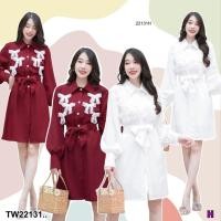 ราคา TW22131 เดรสเชิ้ตคอปก อกติดโบว์ เอวมีสายผูกโบว์ (29116008912)