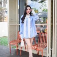 ราคา TW22449 เสื้อเชิ้ตลายริ้ว แต่งเข็มกลัดดอกคามิเลีย (28085461432)