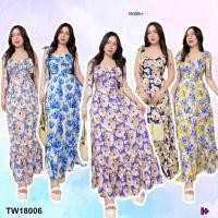 ราคา TW18006 แม็กซี่เดรสยาว ผูกไหล่ กระโปรงหางปลาลายดอกไม้ (19373205113)