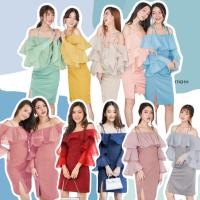 ราคา TW17431 เดรสปาดไหล่สายเดี่ยวผูกไหล่ แขนระบายผ้าแก้ว 3 ชั้น (17248958978)